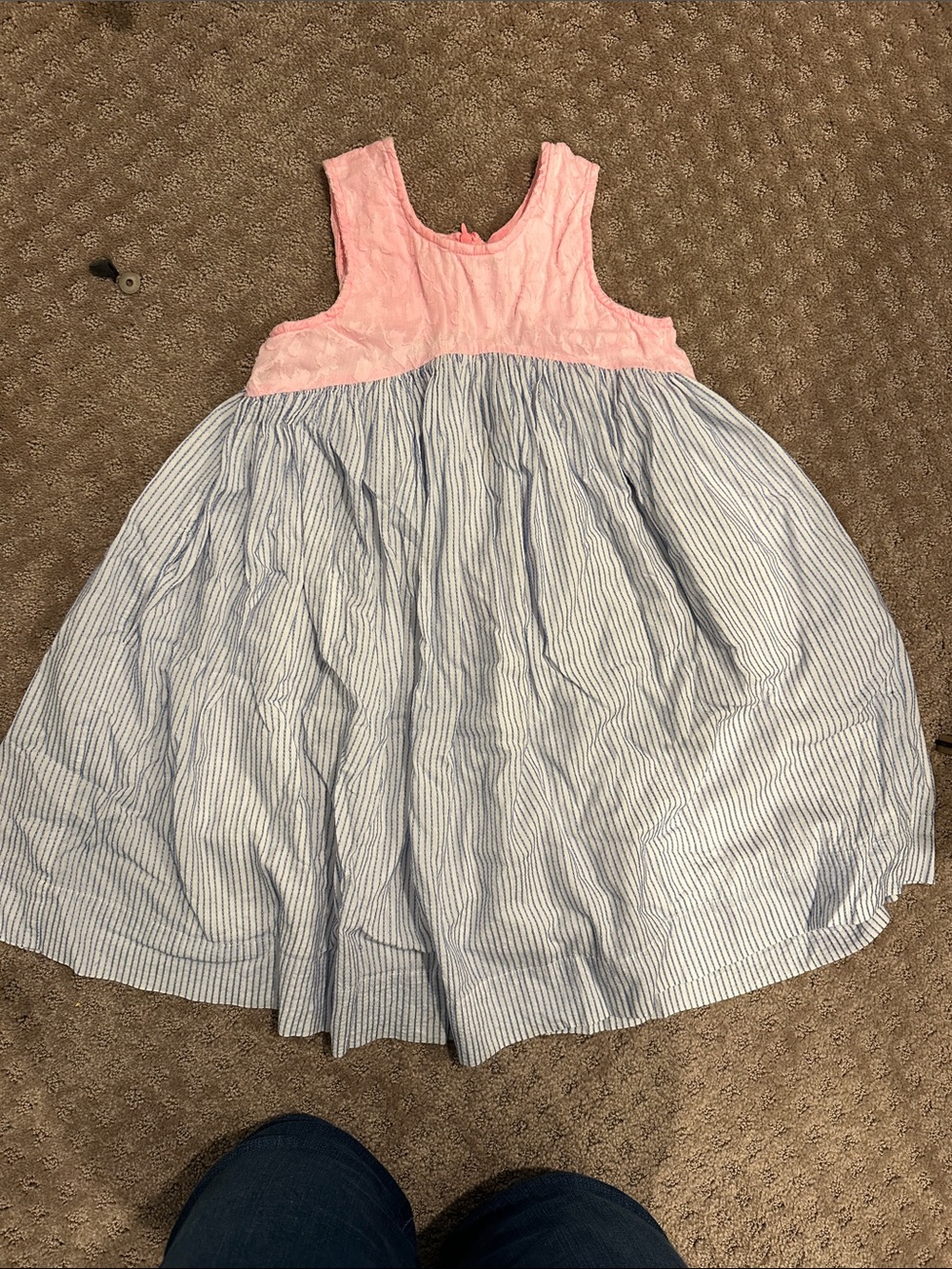 Girls Sleeveless Pink Lace Bodice with Blue Striped Skirt Dress